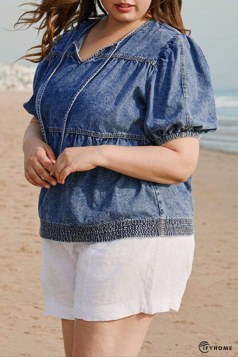 Plus Size Denim V-Neck Puff Sleeve Blouse | IFYHOME