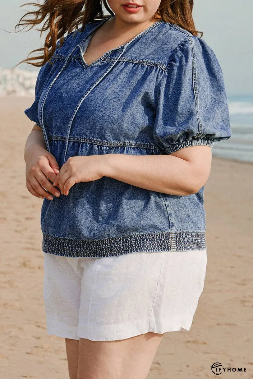 Plus Size Denim V-Neck Puff Sleeve Blouse | IFYHOME