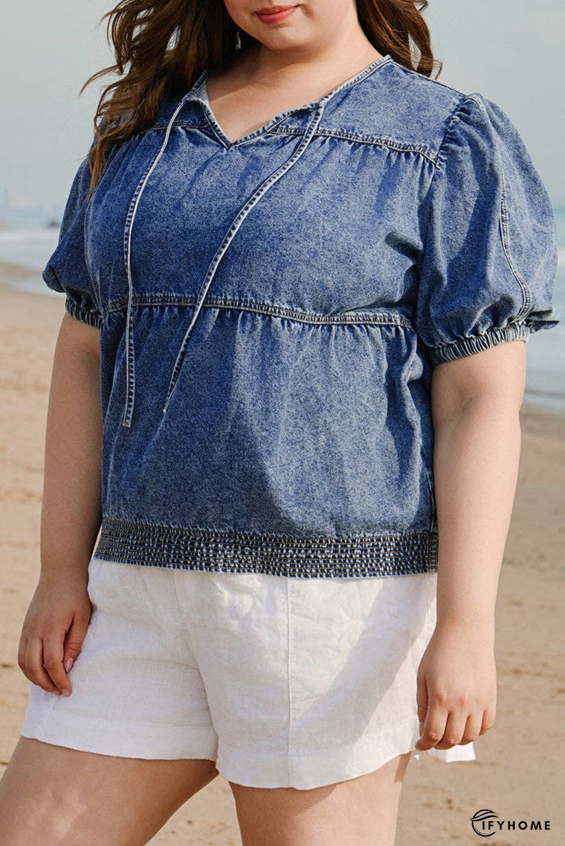 Plus Size Denim V-Neck Puff Sleeve Blouse | IFYHOME