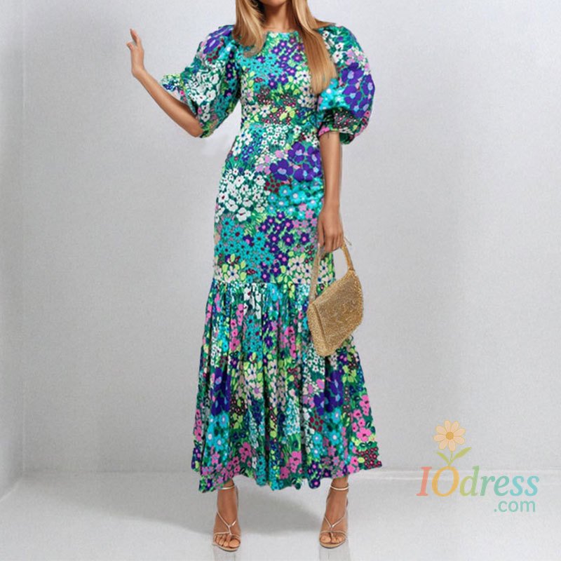 IO Dress Fashion Print Dress For Women Casual O-Neck Puff Sleeve High Waist Dresses Robe Femme Elegant Party Womens Clothing Summer New