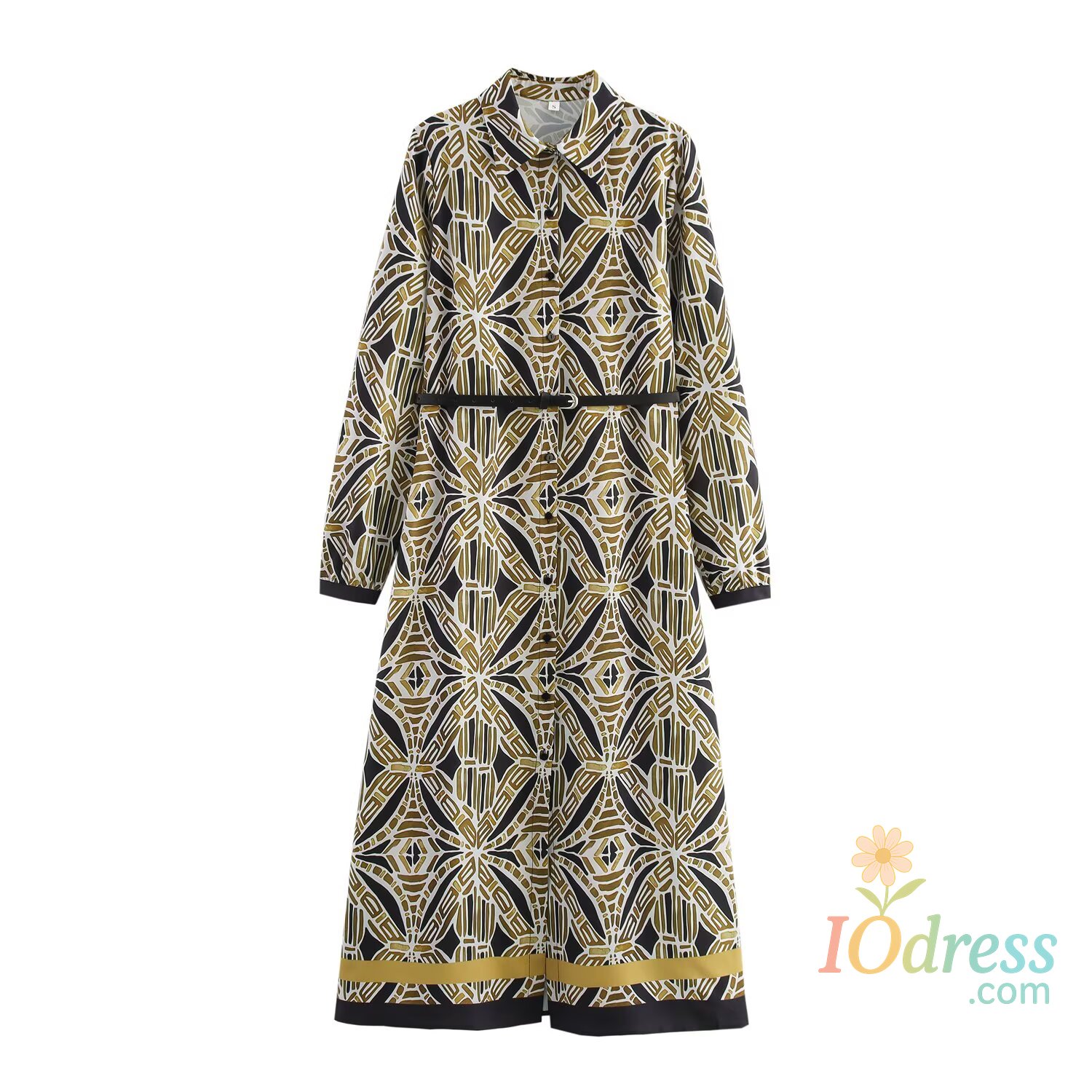 IO Dress Women Printed Long Dresses 2025 New Fashion Women  Long Sleeve Belt Midi Dress Ladies Elegant Party Dresses