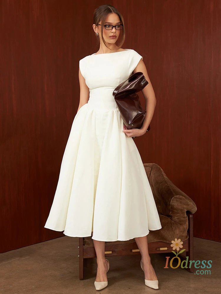 IO Dress Suninheart Women Circle Cut Out Back Dress Wide Shoulders and Fitted Waist Prom Dress Fluffy Hem Midi Wedding Party Dresses