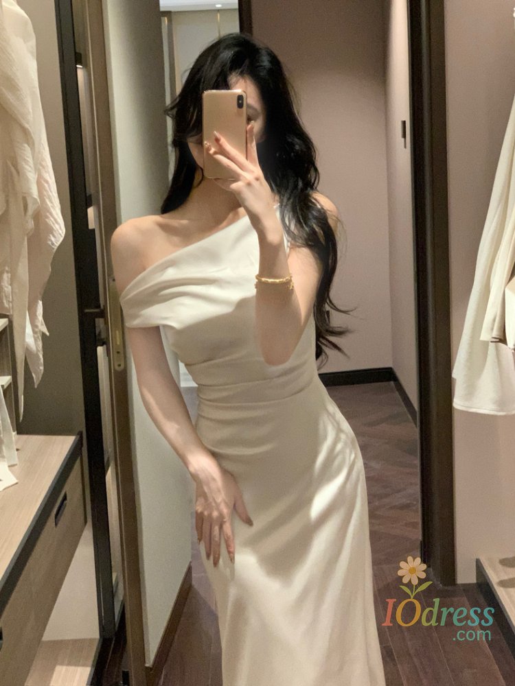 IO Dress Summer French Slim Dress Women Casual Sleeveless Slant Shoulder Dress Evening Party Elegant One Piece Dress Korean Fashion