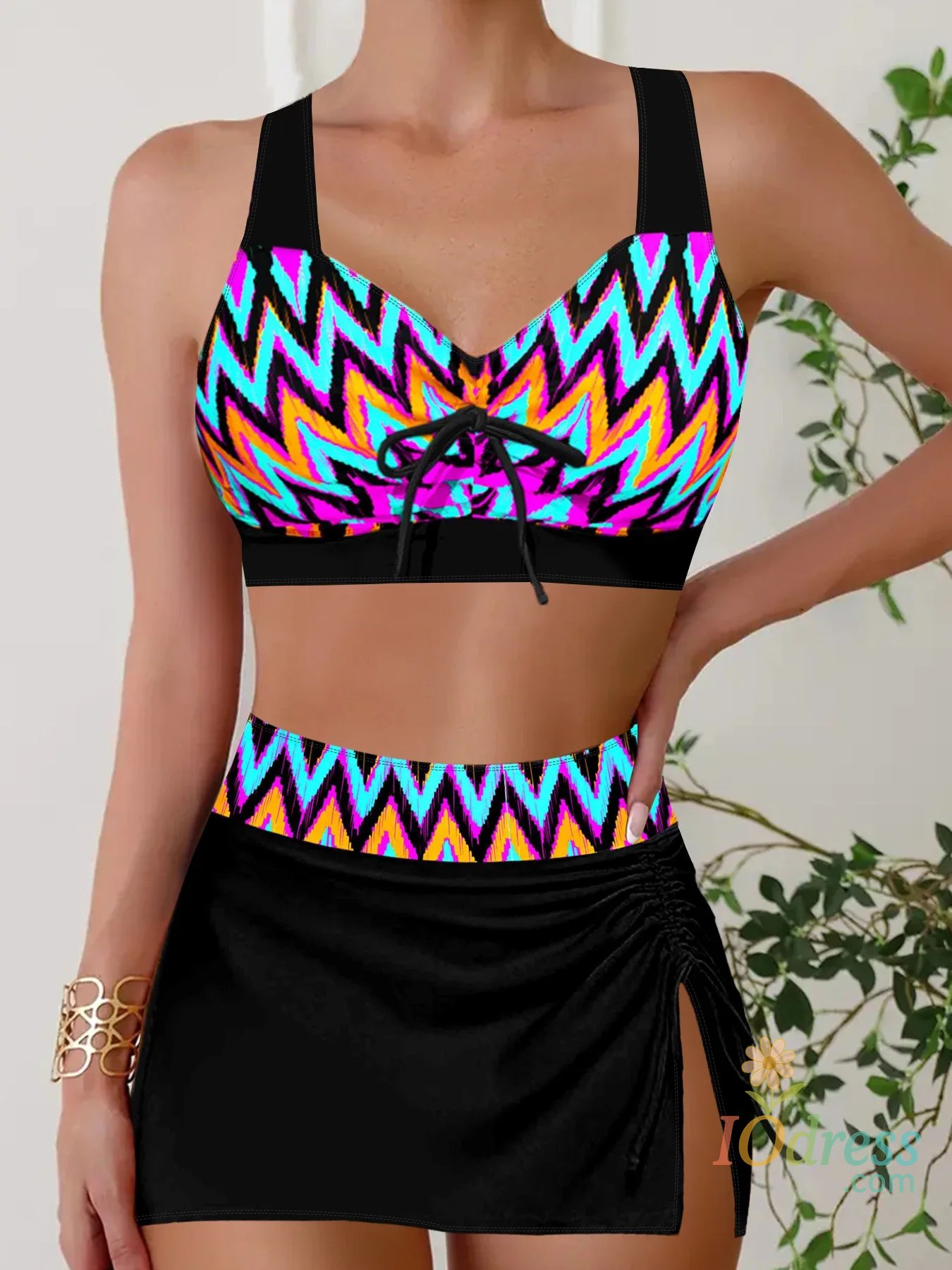 IO Dress Summer Fashion High Quality Beach Ladies Swimsuit Beach Vacation Wave Pattern Print Tankini Short Skirt Two-piece Set S-6XL
