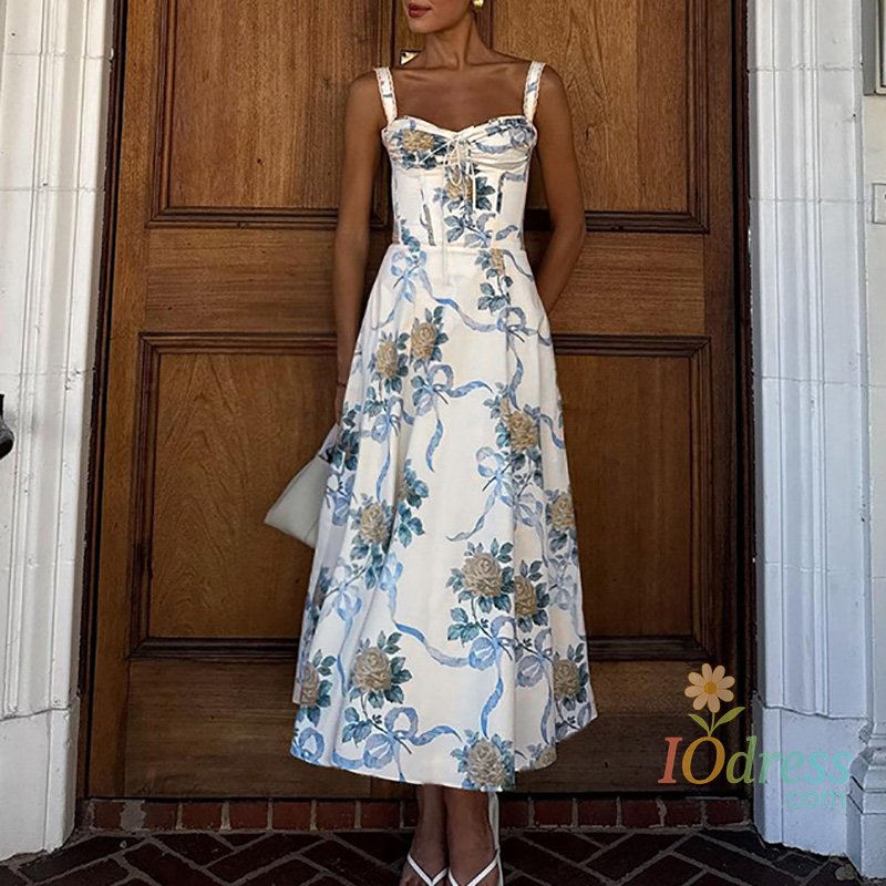 IO Dress Summer Floral Print Tube Tops Halter Dress Elegant Off Shoulder French Style Party Dress Sexy Sleeveless High Waist A-line Dress