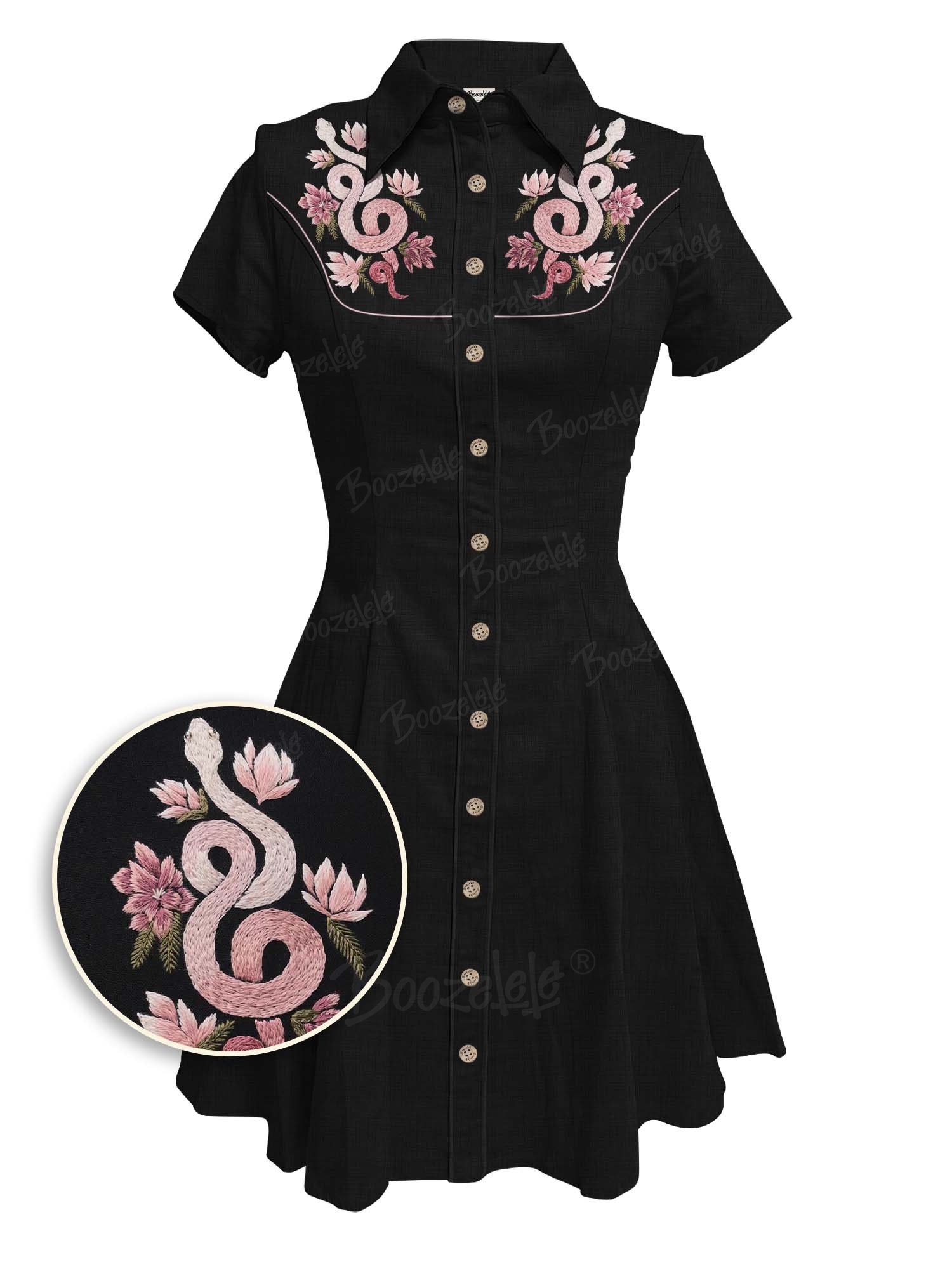 【Embroidery】Flower And Snake - 100% Cotton Dress