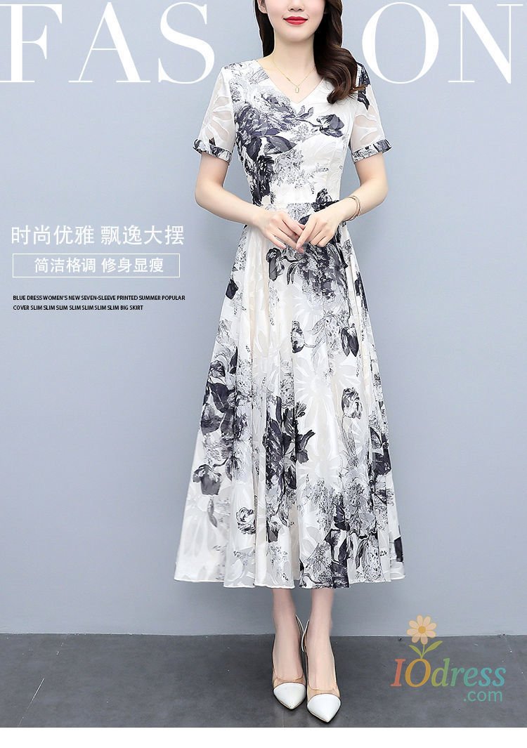 IO Dress Elegant Noble Lady Dress with Short Sleeves Floral Print Waist-Cinching and Large Skirt