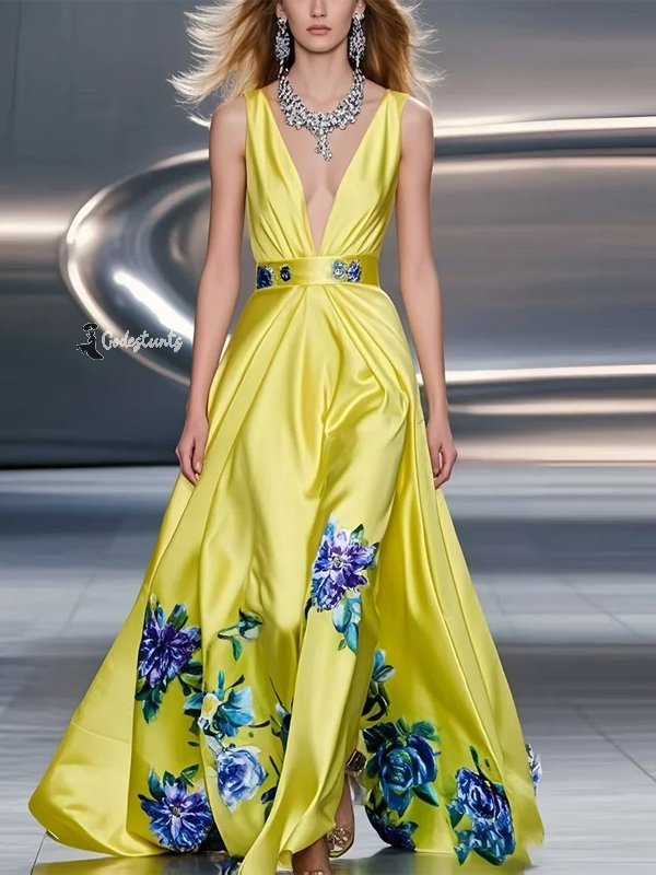Yellow V-neck Sleeveless Silk Print Maxi Dress