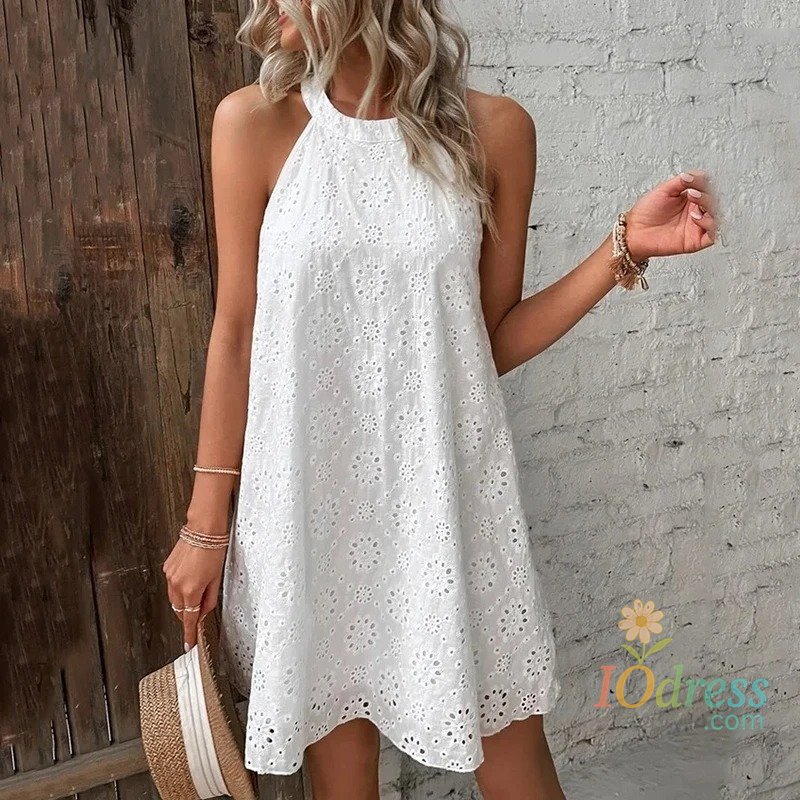 IO Dress Vintage Floral Hollow Out Sleeveless Dress for Women Halter Elegant White Dresses A Line Short Dress Summer 27749