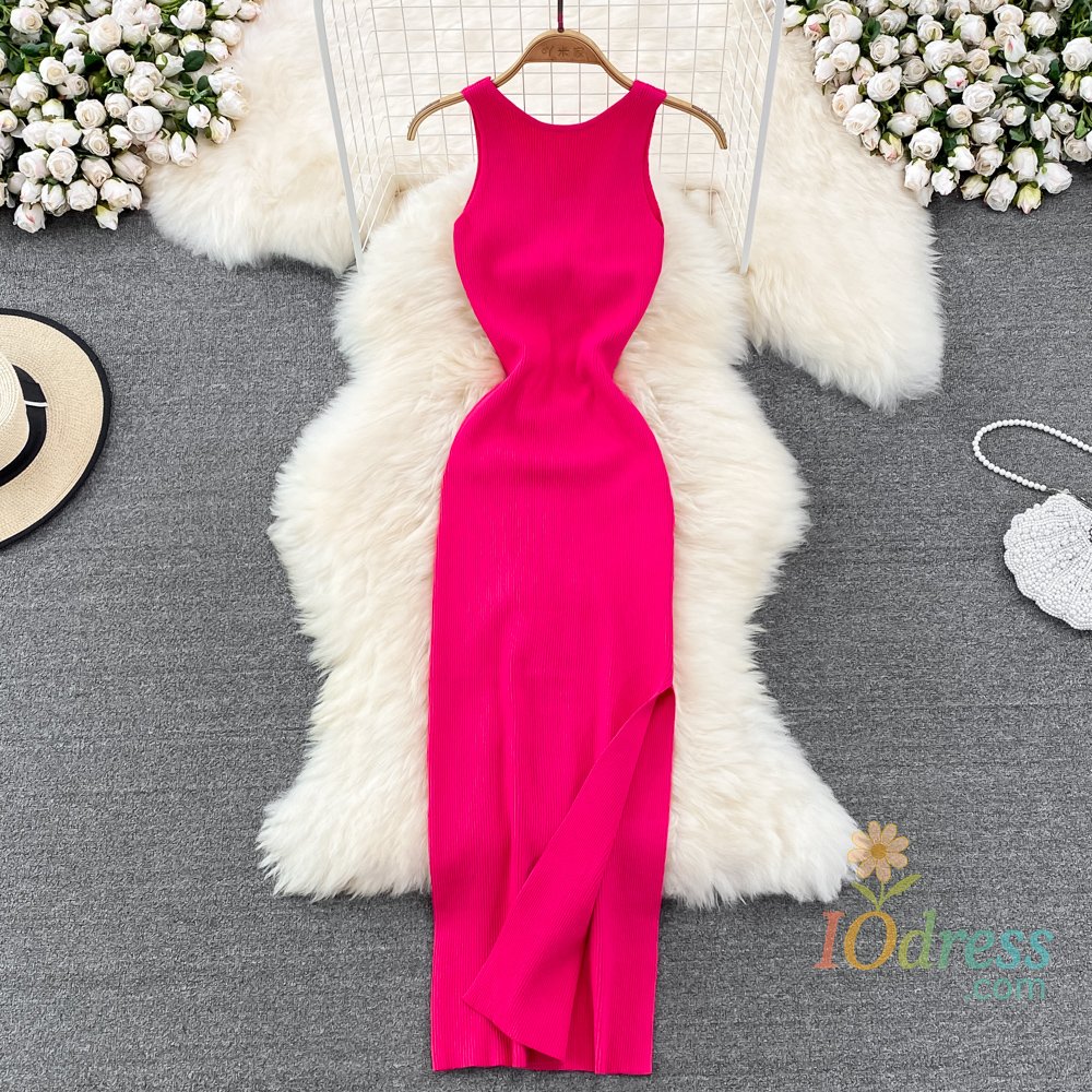 IO Dress YuooMuoo Women Dress Sexy Wrap Hips Two Sides Available Split One-Piece Long Dress Fashion Knot Knitted Bodycon Party Robe Femme