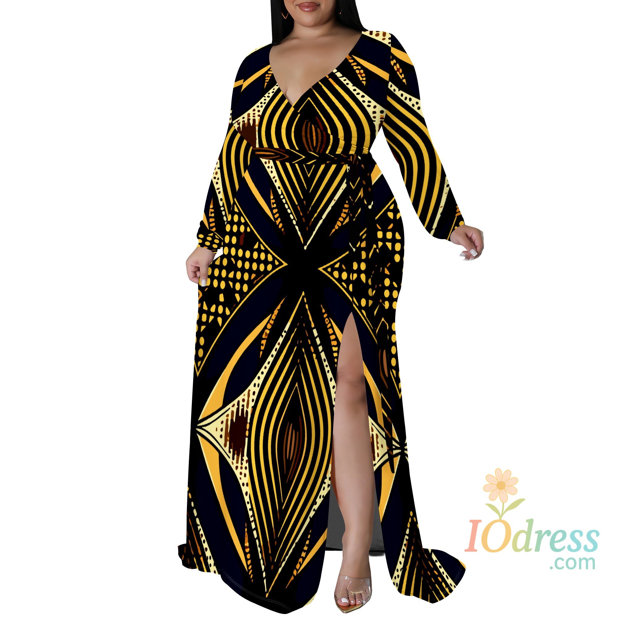 IO Dress Plus Size Long Sleeve Abstract Print Wrap Maxi Dress for Women, Elegant Dress with Side Slit for Evening Wear