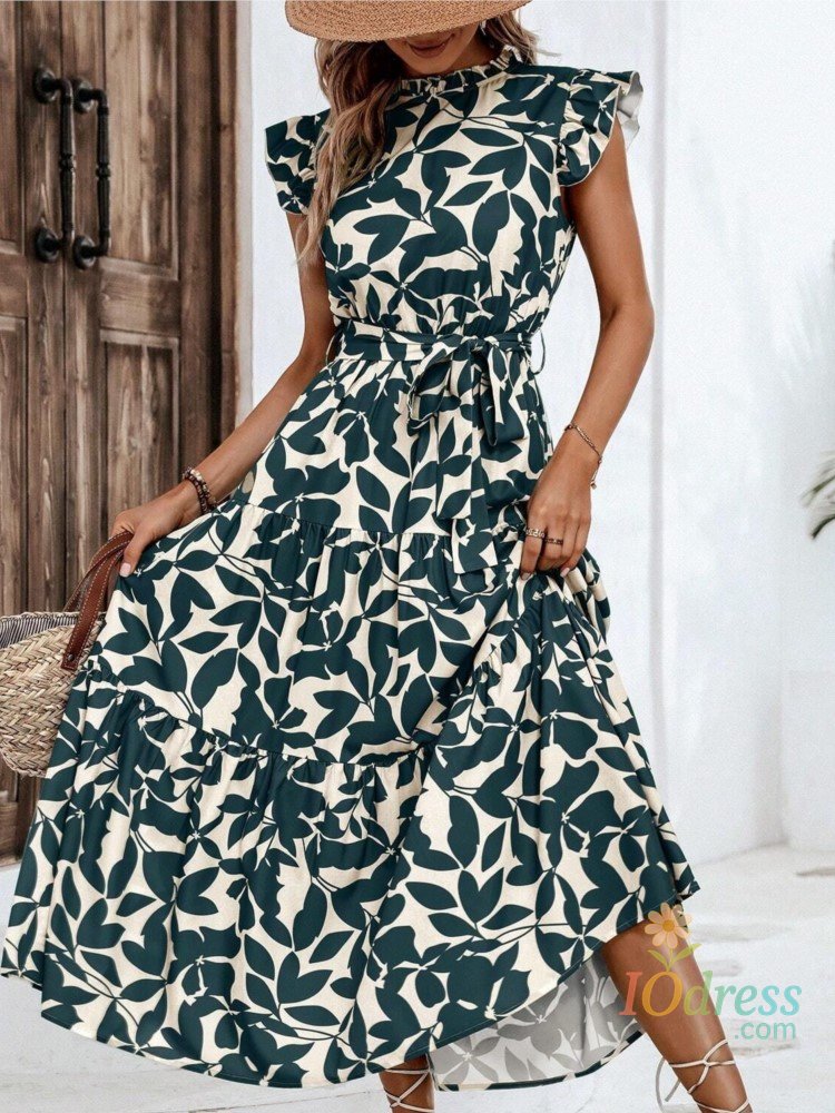 IO Dress Elegant Women's Flower Midi Dress New Summer Fashion Stand Collar Flying Sleevel Lace Up Dress Casual Beach Holiday Dresses Robe