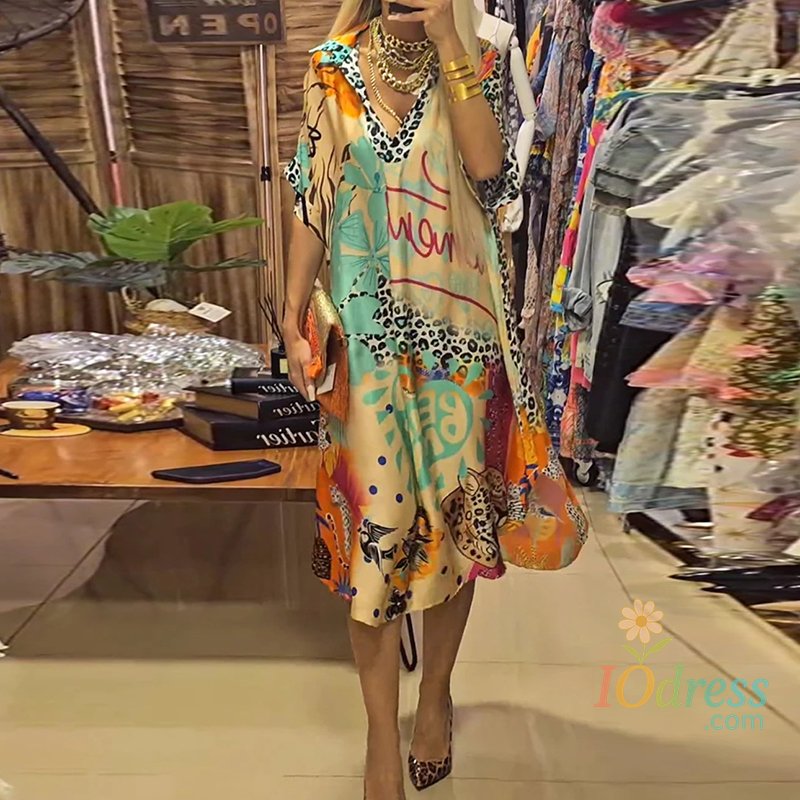 IO Dress Casual V Neck Loose Long Dresses for Women Spring Leopard Colorful Printed A-Line Party Dress Autumn Half Sleeve Female Clothing