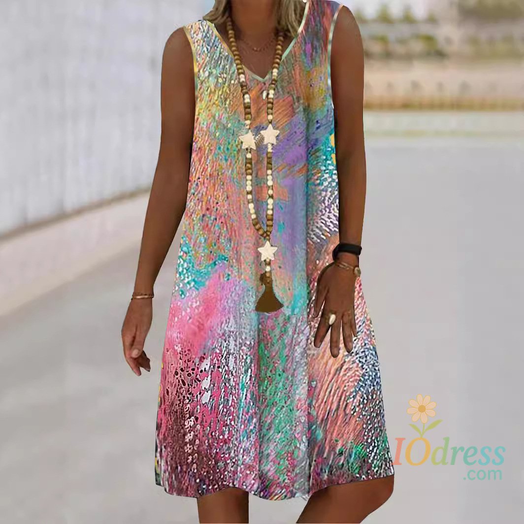 IO Dress Colorful Irregular Printed Dress Women Sleeveless V Neck Vest Loose Dresses Summer Casual Clothing