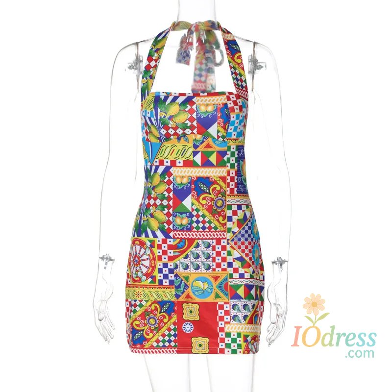 IO Dress Bandage Halter Sexy Y2K Print Party Club Birthday Mini Dress Outfits Women Summer Streetwear Backless Bodycon Dresses Vestido