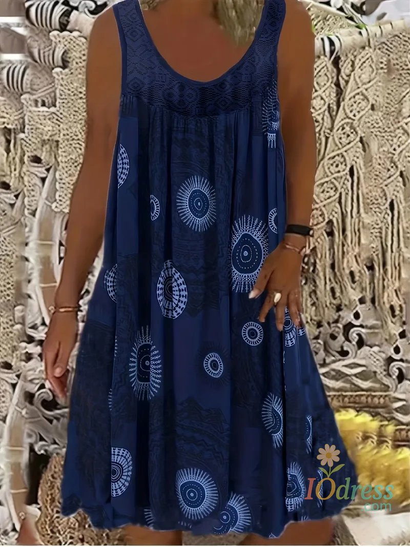 IO Dress Plus Size 1XL-8XL Women's Sleeveless Dress Lace Panel Printing Sleeveless Large Hem Vest Dress