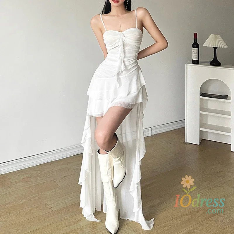 IO Dress Y2K Irregular White Midi Dress Women Gothic Sexy Spaghetti Straps Ruffles Black Dresses Summer Korean Fairy Holiday Vestidos New