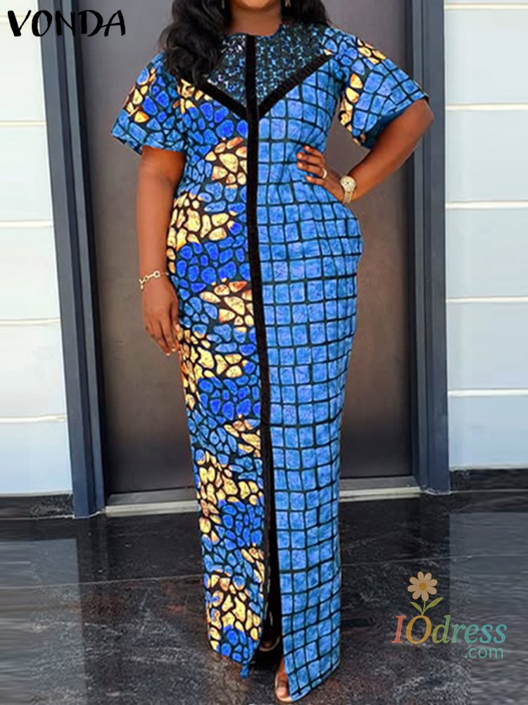 IO Dress VONDA Bohemian Summer Long Dress Women Vintage Short Sleeve Maxi Sundress 2025 Casual Printed Patchwork Beach Vestidos Oversized