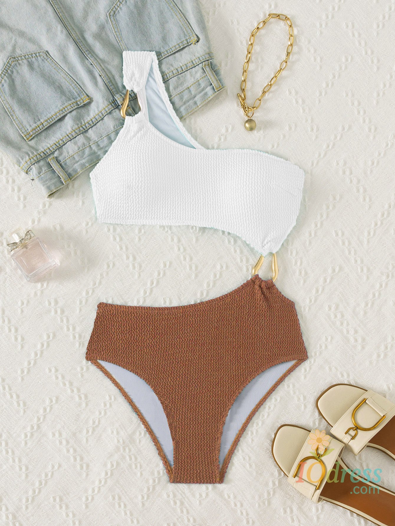 IO Dress 2025 One Shoulder One Piece Swimsuit Metal Ring Contrast Color Patchwork Bikini Swimsuit Suit