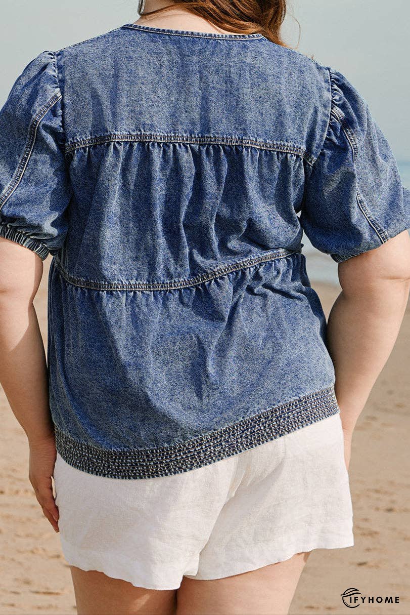Plus Size Denim V-Neck Puff Sleeve Blouse | IFYHOME