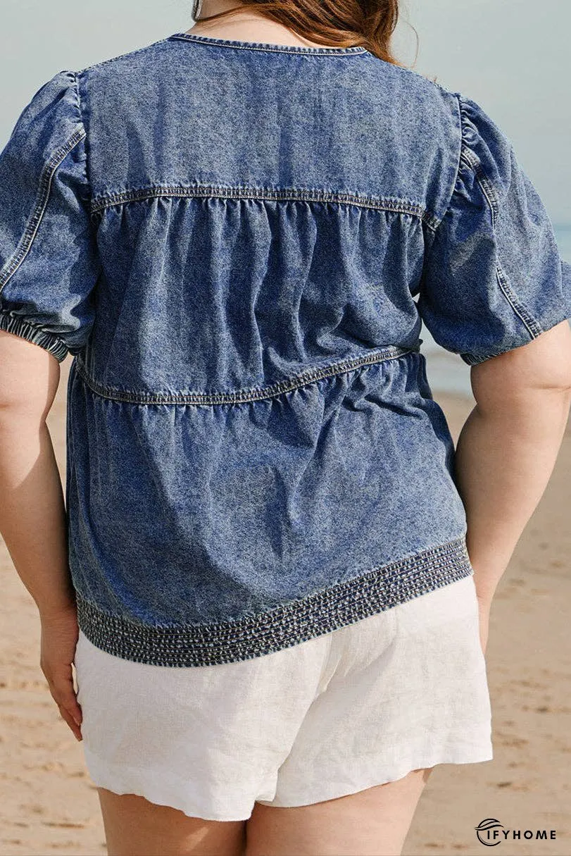Plus Size Denim V-Neck Puff Sleeve Blouse | IFYHOME