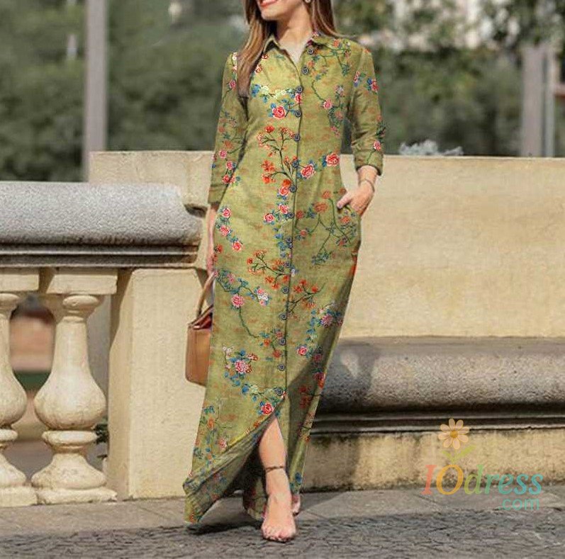 IO Dress 2024 Summer New Fashion Long Women's Dress Single Breasted Long Sleeved Elegant Print Loose Vacation Banquet Dress