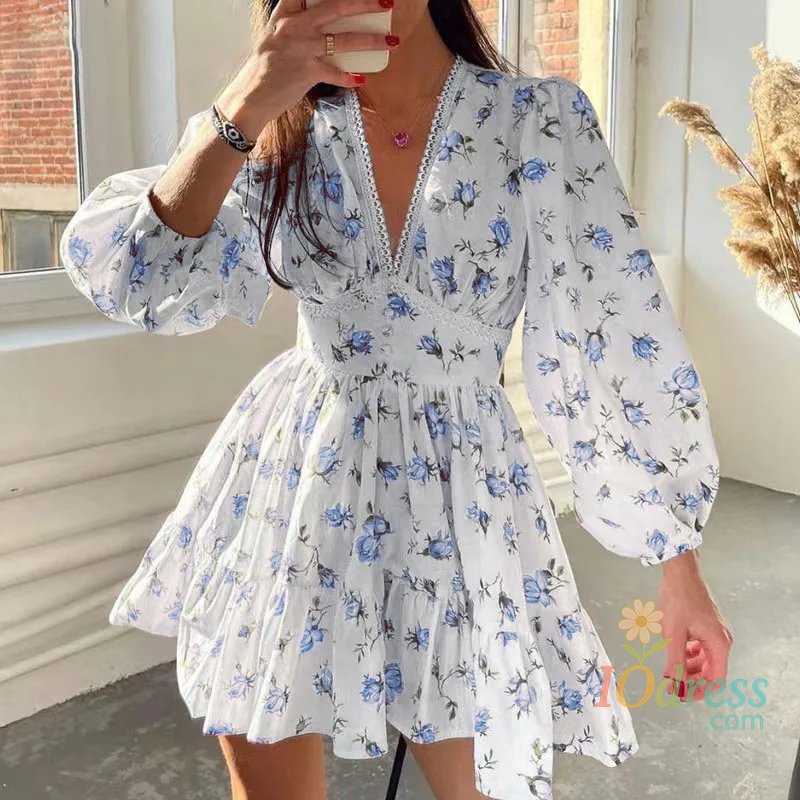 IO Dress 2025 New Women's Flower Mini Skirt V-neck Lantern Sleeve Girl Pastoral High Waist Vacation Date Fashion Dress for Female