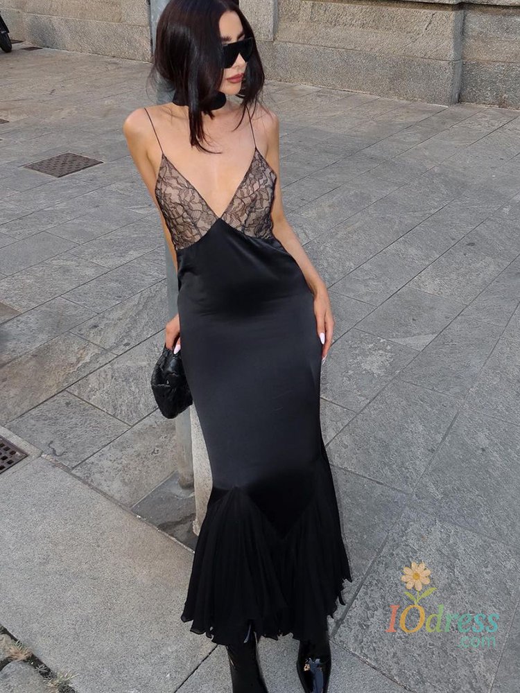 IO Dress Dulzura Satin Backless V-Neck Lace-Up Mesh Patchwork Midi Dress 2023 Summer For Women Sexy  Evening Party Elegant Clubwear