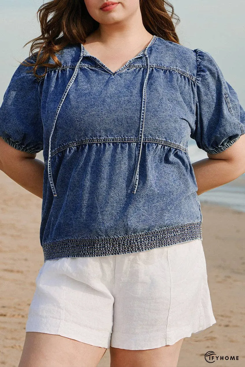 Plus Size Denim V-Neck Puff Sleeve Blouse | IFYHOME
