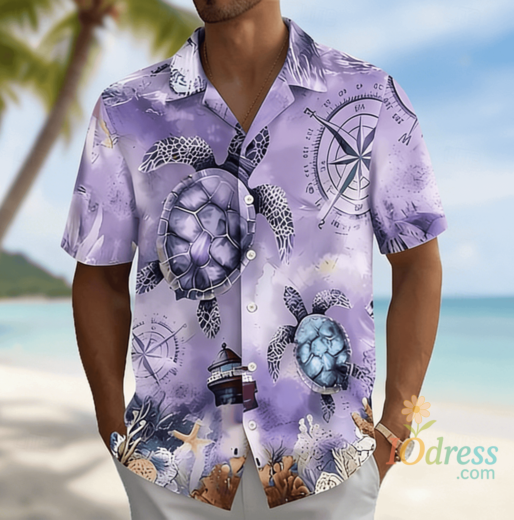 IO Menswear Men's Ocean Turtle Compass Lighthouse Print Short Sleeve Shirt, Summer Nautical Hawaiian Vacation Blouse, Loose Casual Top