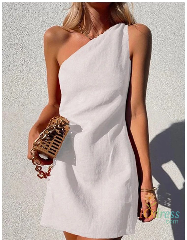 IO Dress Summer Sexy Women Fashion Solid Mini Dress One-shoulder Asymmetric Diagonal Collar Cotton And Linen Casual Loose Elegant Dress