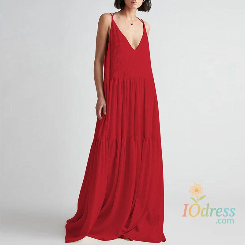 IO Dress Women Casual Solid Pleat Irregular Long Dress Spring Sexy Double V Neck Backless Hollow Dress Summer Loose Lace-up Sling Dresses