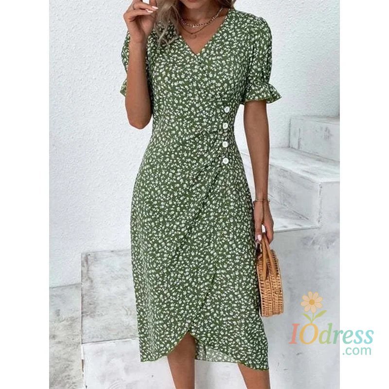 IO Dress Spring Floral Bodycon Midi Dress For Women V Neck Long Sleeve Ruched Slim Fit Dresses Female Sexy Vestido Robe