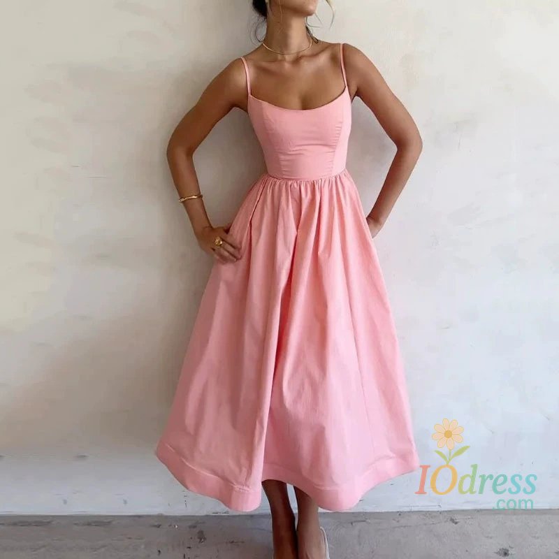 IO Dress Summer Elegant Solid Suspender Dresss for Women Sexy The U-Neck Folds Long Dresses Plus Size Backless Party Dresses