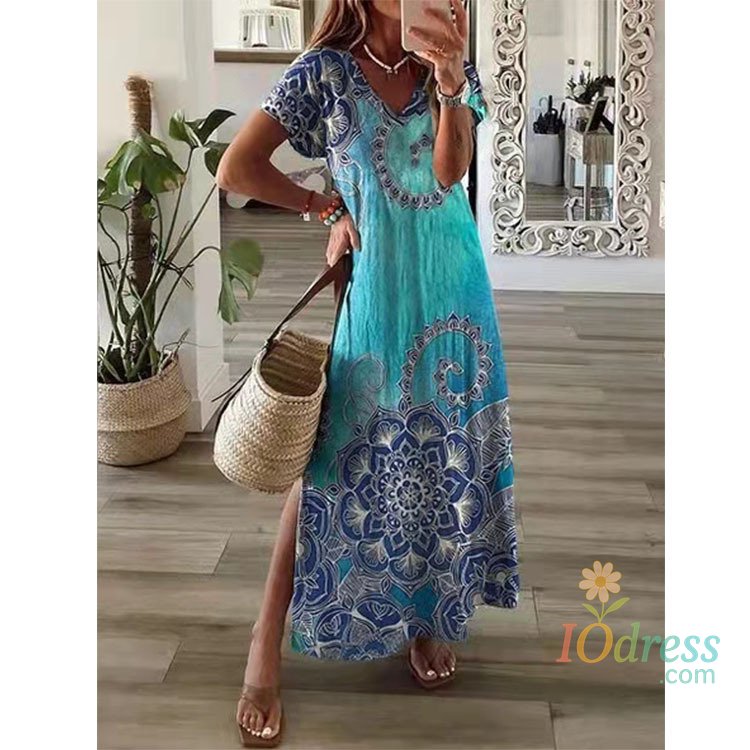 IO Dress Women's Long Dress Summer New Retro Women's V-neck Loose Casual Simple Elegant Printed Short-sleeved Dress
